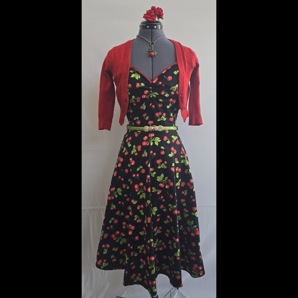Cherry Print Black Dress Size L